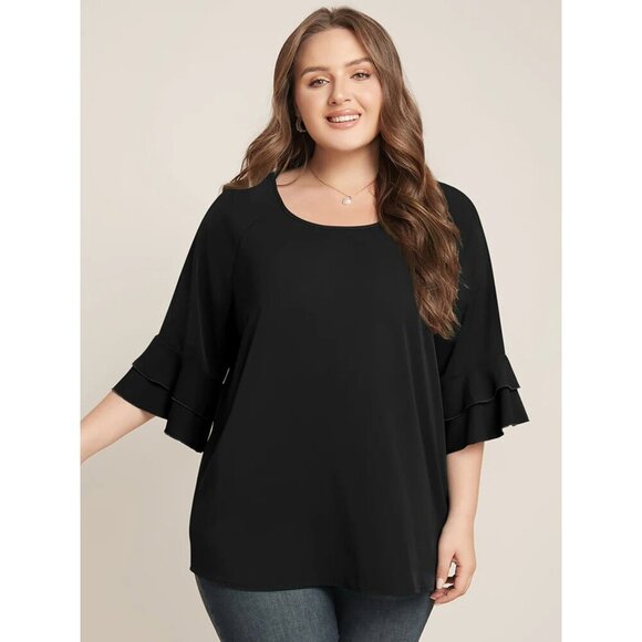 NWT BloomChic Plain Ruffle Tiered Round Neck Blouse Size 10/M - Picture 1 of 4